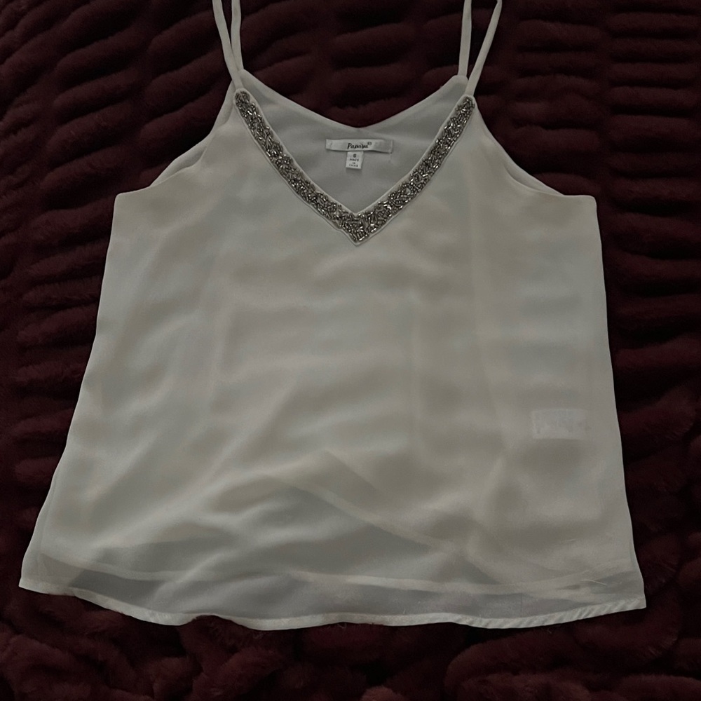 White Sheer lined Beaded V-Neck blouse.